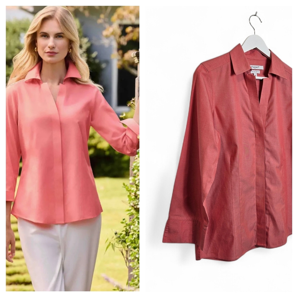 Foxcroft NYC Shirt Sz 8 Taylor Fitted Non-Iron Cotton 3/4 Sleeve Coral Reef Red